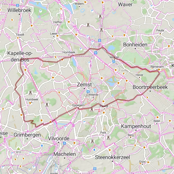 Miniatuurkaart van de fietsinspiratie "Gravelroute Nieuwenrode - Verbrande Brug" in Prov. Vlaams-Brabant, Belgium. Gemaakt door de Tarmacs.app fietsrouteplanner