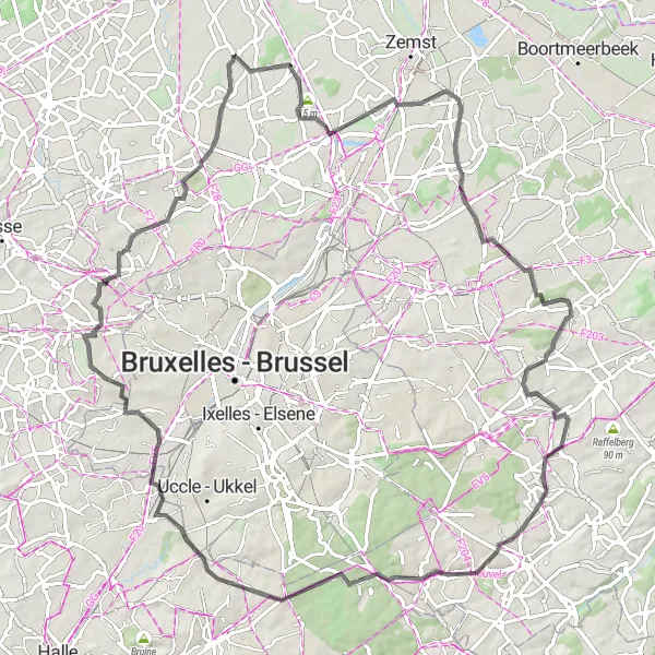 Miniature de la carte de l'inspiration cycliste "Parcours à travers la Campagne Flamande" dans la Prov. Vlaams-Brabant, Belgium. Générée par le planificateur d'itinéraire cycliste Tarmacs.app