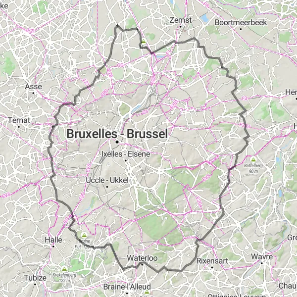 Miniatuurkaart van de fietsinspiratie "Wegenroute Nieuwenrode - Eversem" in Prov. Vlaams-Brabant, Belgium. Gemaakt door de Tarmacs.app fietsrouteplanner