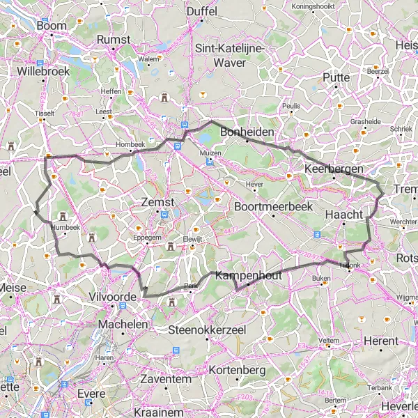 Miniatuurkaart van de fietsinspiratie "Wegenroute Nieuwenrode - Relst" in Prov. Vlaams-Brabant, Belgium. Gemaakt door de Tarmacs.app fietsrouteplanner