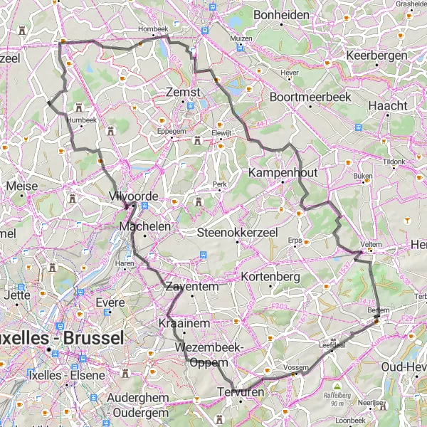 Miniature de la carte de l'inspiration cycliste "Enchanted Road Trip à travers Vlaams-Brabant" dans la Prov. Vlaams-Brabant, Belgium. Générée par le planificateur d'itinéraire cycliste Tarmacs.app
