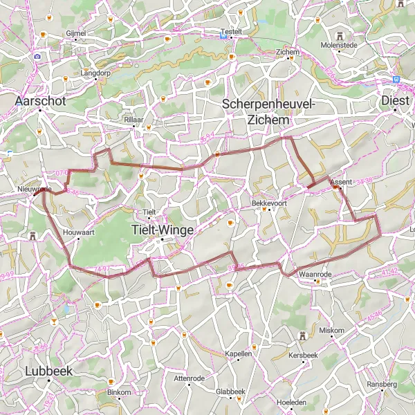 Miniatuurkaart van de fietsinspiratie "Avontuurlijke gravelroute naar Houwaart en Orientatietafel" in Prov. Vlaams-Brabant, Belgium. Gemaakt door de Tarmacs.app fietsrouteplanner