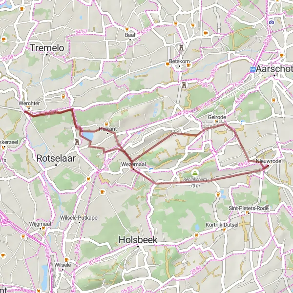 Miniatuurkaart van de fietsinspiratie "Gravelroute Nieuwrode - Wezemaal" in Prov. Vlaams-Brabant, Belgium. Gemaakt door de Tarmacs.app fietsrouteplanner