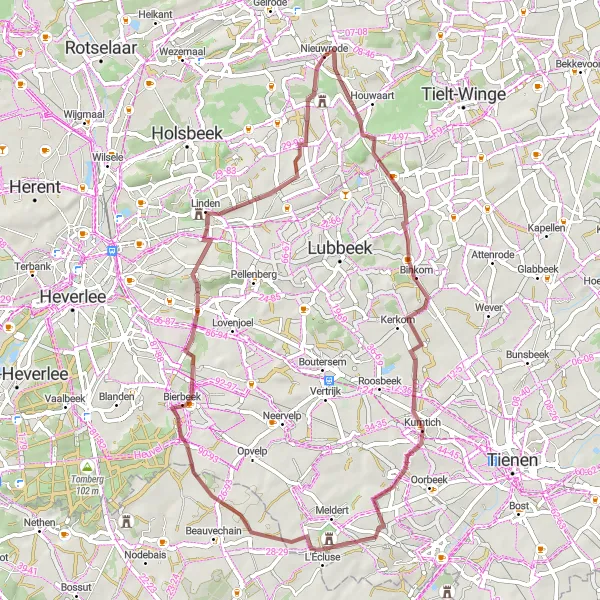 Miniature de la carte de l'inspiration cycliste "Parcours Gravel Binkom - Nieuwrode" dans la Prov. Vlaams-Brabant, Belgium. Générée par le planificateur d'itinéraire cycliste Tarmacs.app