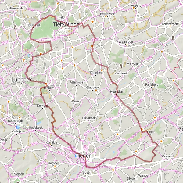 Miniatuurkaart van de fietsinspiratie "Gravelroute naar Tienen en Sint-Joris-Winge" in Prov. Vlaams-Brabant, Belgium. Gemaakt door de Tarmacs.app fietsrouteplanner