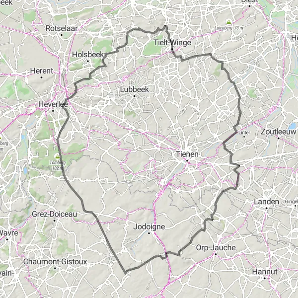 Miniature de la carte de l'inspiration cycliste "Aventure Belge à Vélo" dans la Prov. Vlaams-Brabant, Belgium. Générée par le planificateur d'itinéraire cycliste Tarmacs.app