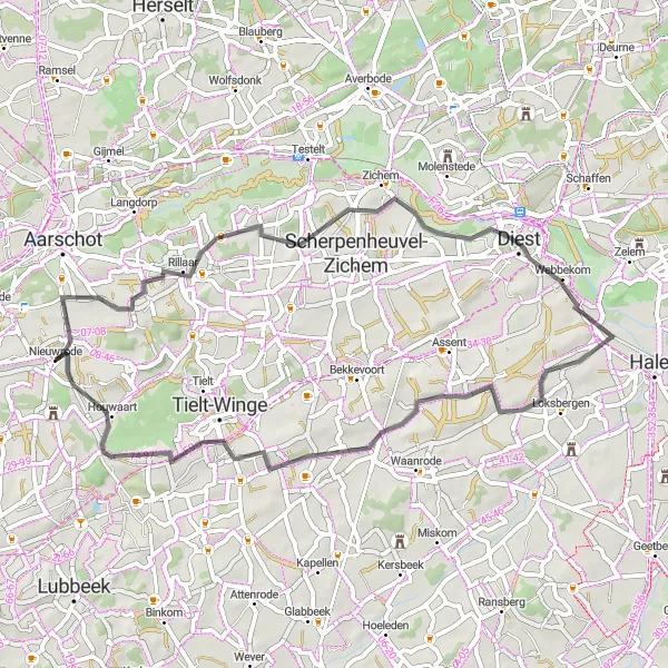 Map miniature of "Keiberg- Zelk- Molenbeek-Wersbeek- Houwaart- Orientatietafel Loop" cycling inspiration in Prov. Vlaams-Brabant, Belgium. Generated by Tarmacs.app cycling route planner