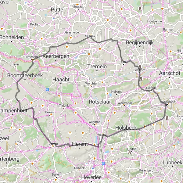 Map miniature of "Nieuwrode - Wilder Loop" cycling inspiration in Prov. Vlaams-Brabant, Belgium. Generated by Tarmacs.app cycling route planner