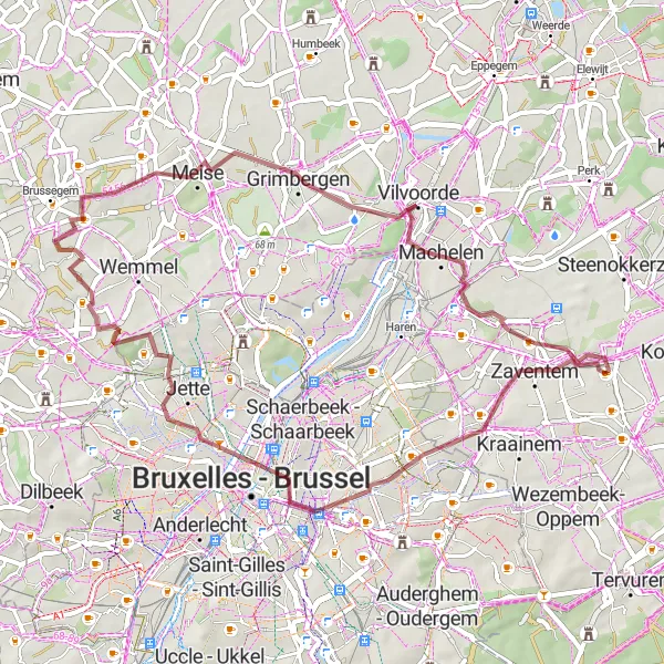 Map miniature of "Nossegem - Saint-Josse-ten-Noode - Sint-Joost-ten-Node - Bird observation point Kruiskouter - Hamme - Machelen - Spotter Point 01/19 Gravel Route" cycling inspiration in Prov. Vlaams-Brabant, Belgium. Generated by Tarmacs.app cycling route planner