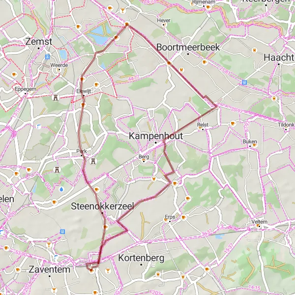 Miniature de la carte de l'inspiration cycliste "Les Chemins de Gravel" dans la Prov. Vlaams-Brabant, Belgium. Générée par le planificateur d'itinéraire cycliste Tarmacs.app