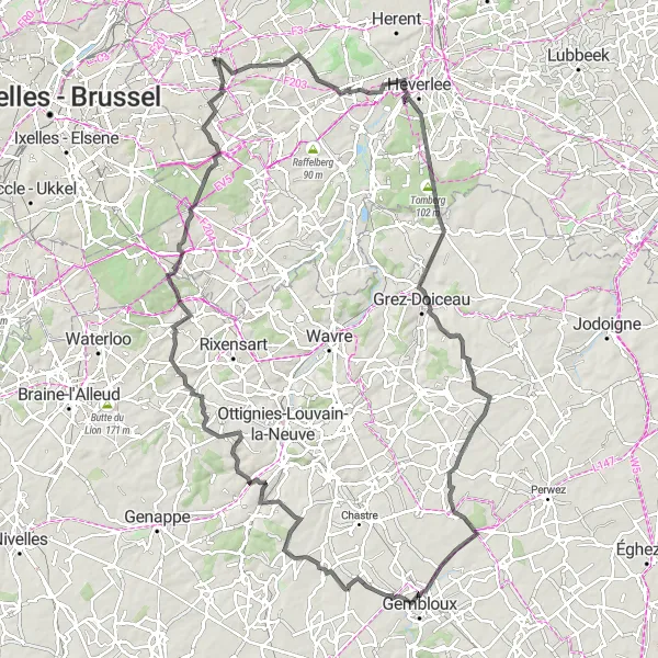 Karten-Miniaturansicht der Radinspiration "Road Cycling Tour rund um Nossegem" in Prov. Vlaams-Brabant, Belgium. Erstellt vom Tarmacs.app-Routenplaner für Radtouren