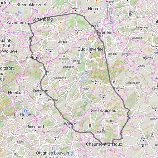 Karten-Miniaturansicht der Radinspiration "Runde um Zwanenberg und Chaumont-Gistoux" in Prov. Vlaams-Brabant, Belgium. Erstellt vom Tarmacs.app-Routenplaner für Radtouren