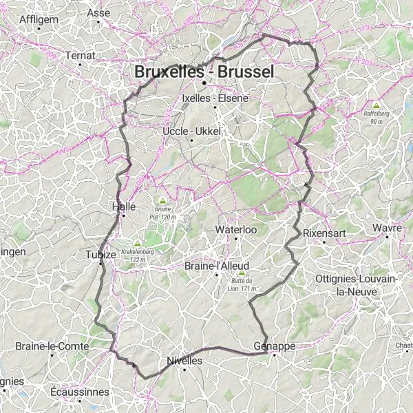 Miniatuurkaart van de fietsinspiratie "Rondrit door Vlaams-Brabant en Waals-Brabant" in Prov. Vlaams-Brabant, Belgium. Gemaakt door de Tarmacs.app fietsrouteplanner