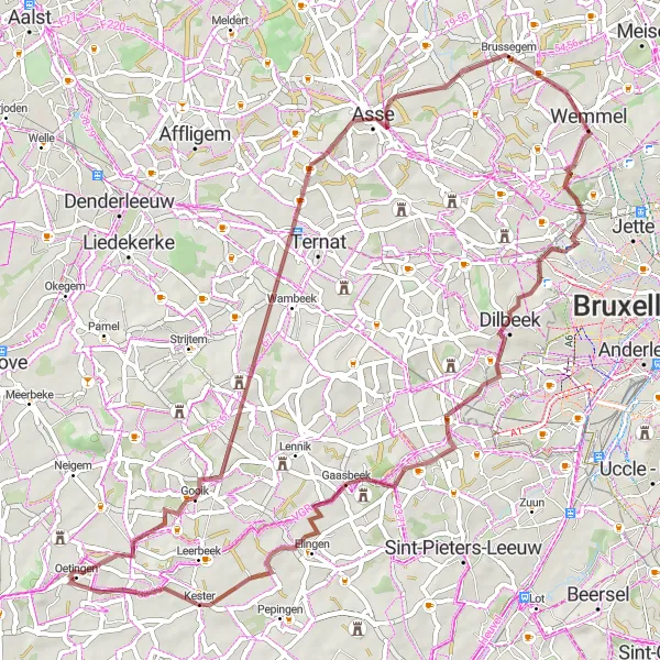 Miniatuurkaart van de fietsinspiratie "Gravelroute door het Pajottenland" in Prov. Vlaams-Brabant, Belgium. Gemaakt door de Tarmacs.app fietsrouteplanner