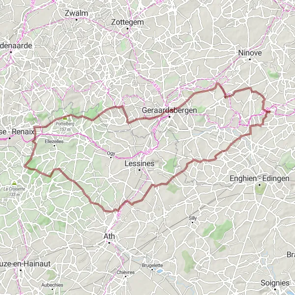 Miniature de la carte de l'inspiration cycliste "Parcours de vélo de gravier autour de Oetingen: Échappée verte" dans la Prov. Vlaams-Brabant, Belgium. Générée par le planificateur d'itinéraire cycliste Tarmacs.app