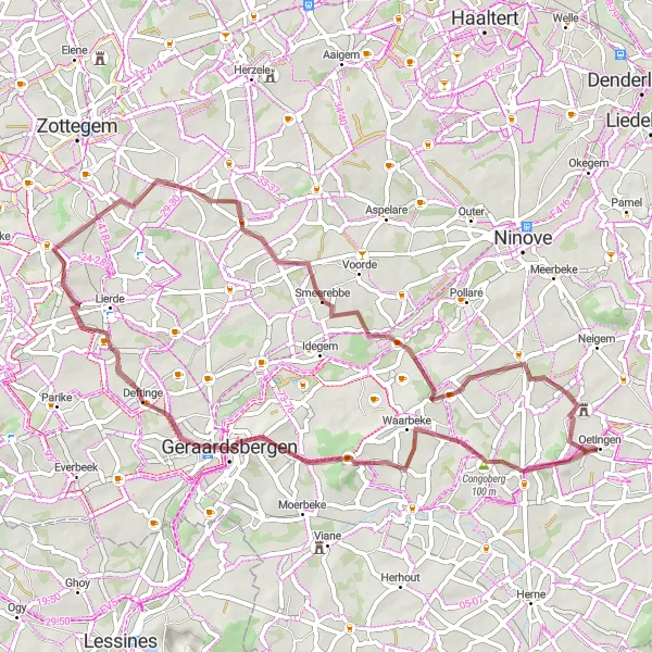 Miniatuurkaart van de fietsinspiratie "Gravelroute rond Oetingen" in Prov. Vlaams-Brabant, Belgium. Gemaakt door de Tarmacs.app fietsrouteplanner