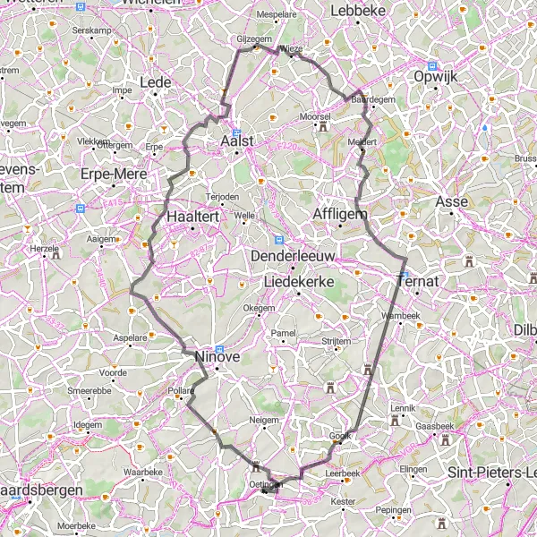 Map miniature of "The Gijzegem Loop" cycling inspiration in Prov. Vlaams-Brabant, Belgium. Generated by Tarmacs.app cycling route planner