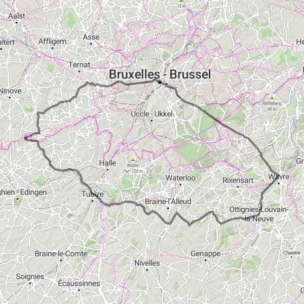 Karten-Miniaturansicht der Radinspiration "Herausfordernde Straßen durch belgische Landschaften" in Prov. Vlaams-Brabant, Belgium. Erstellt vom Tarmacs.app-Routenplaner für Radtouren