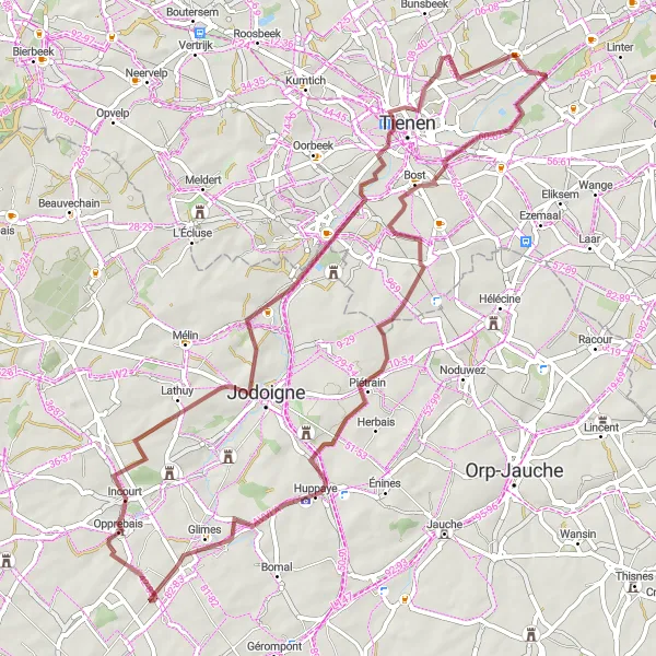 Map miniature of "Oplinter to Sint-Margriete-Houtem" cycling inspiration in Prov. Vlaams-Brabant, Belgium. Generated by Tarmacs.app cycling route planner