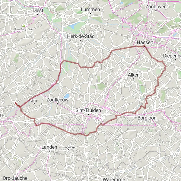 Miniature de la carte de l'inspiration cycliste "Le Tour des Châteaux et des Vergers" dans la Prov. Vlaams-Brabant, Belgium. Générée par le planificateur d'itinéraire cycliste Tarmacs.app