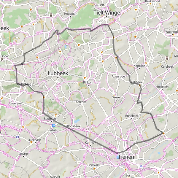 Miniature de la carte de l'inspiration cycliste "La Route des Châteaux et des Villages" dans la Prov. Vlaams-Brabant, Belgium. Générée par le planificateur d'itinéraire cycliste Tarmacs.app