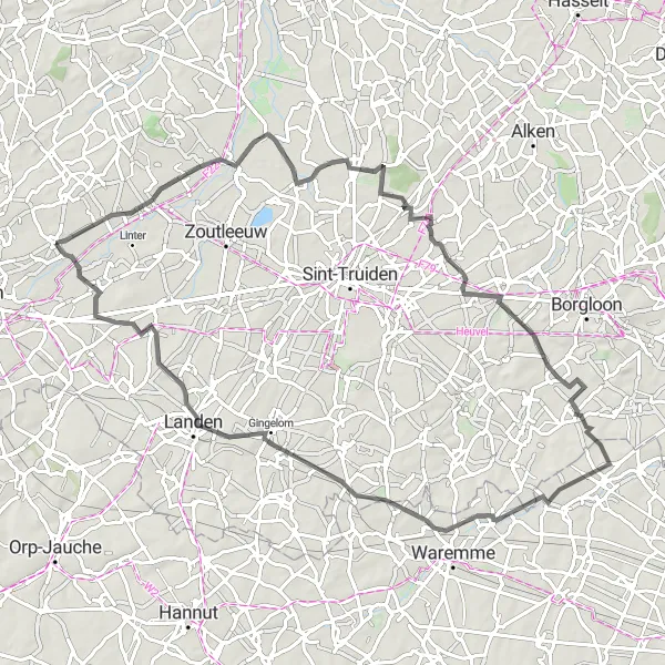 Miniatuurkaart van de fietsinspiratie "Wegroute van Oplinter naar Overhespen" in Prov. Vlaams-Brabant, Belgium. Gemaakt door de Tarmacs.app fietsrouteplanner