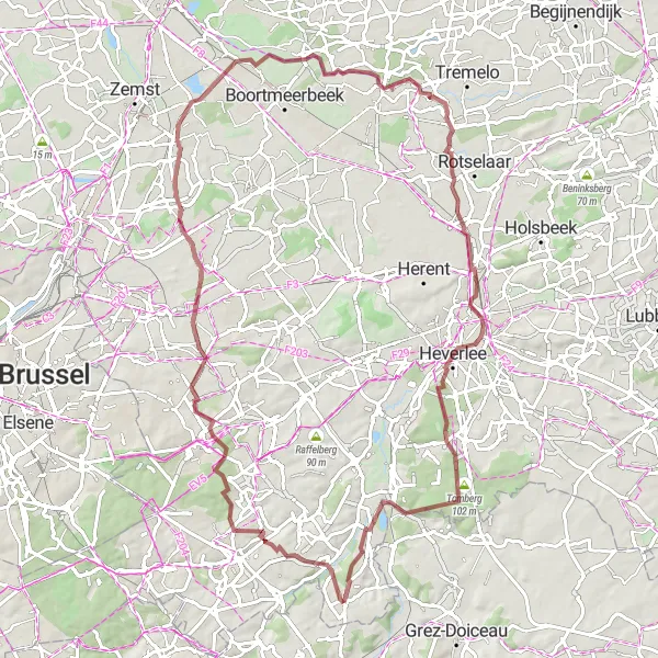 Miniatuurkaart van de fietsinspiratie "Gravelroute Terlanen naar Ottenburg" in Prov. Vlaams-Brabant, Belgium. Gemaakt door de Tarmacs.app fietsrouteplanner