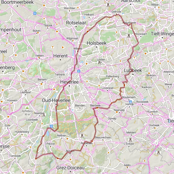 Miniatuurkaart van de fietsinspiratie "Gravelavontuur rond Lubbeek en Tourinnes-la-Grosse" in Prov. Vlaams-Brabant, Belgium. Gemaakt door de Tarmacs.app fietsrouteplanner