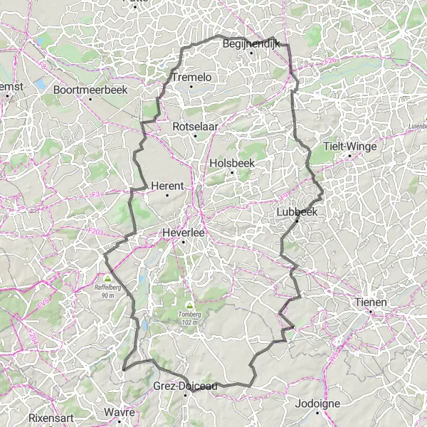 Karten-Miniaturansicht der Radinspiration "Raffelberg und Lubbeek Roadtour" in Prov. Vlaams-Brabant, Belgium. Erstellt vom Tarmacs.app-Routenplaner für Radtouren