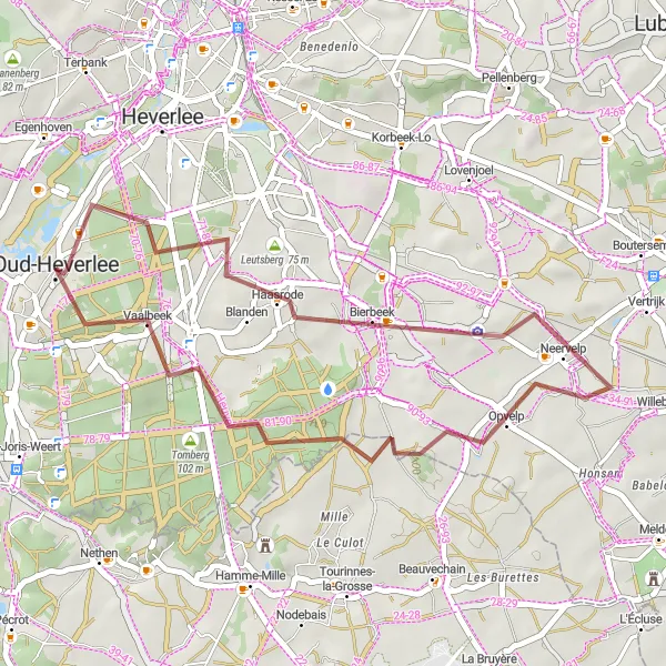 Miniature de la carte de l'inspiration cycliste "Tour des panoramas de la région d'Oud-Heverlee" dans la Prov. Vlaams-Brabant, Belgium. Générée par le planificateur d'itinéraire cycliste Tarmacs.app