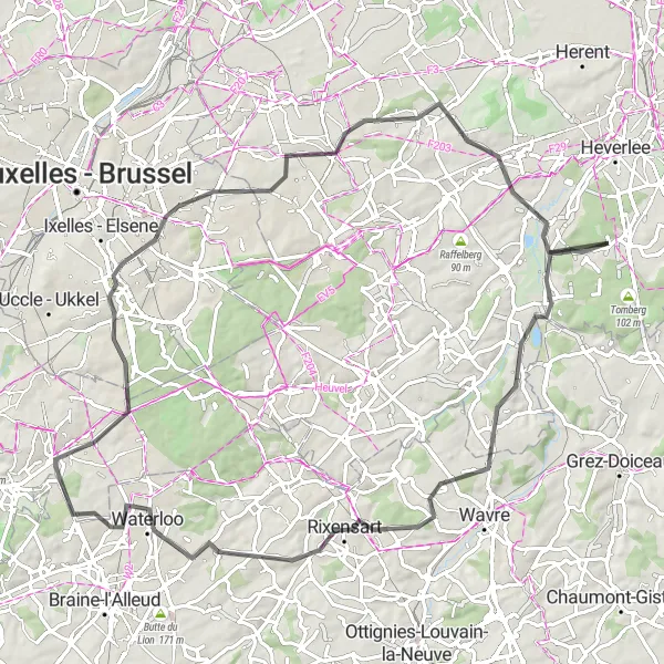 Map miniature of "Waterloo and Cultural Landmarks" cycling inspiration in Prov. Vlaams-Brabant, Belgium. Generated by Tarmacs.app cycling route planner