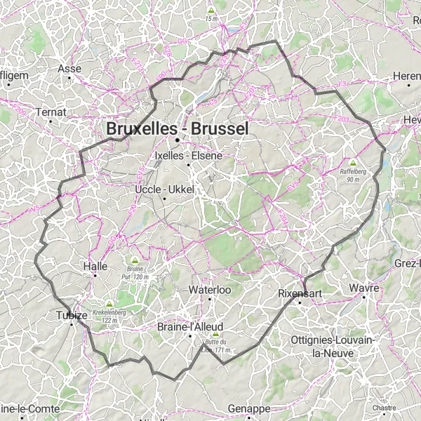 Karten-Miniaturansicht der Radinspiration "Hügeliges Abenteuer in Vlaams-Brabant" in Prov. Vlaams-Brabant, Belgium. Erstellt vom Tarmacs.app-Routenplaner für Radtouren