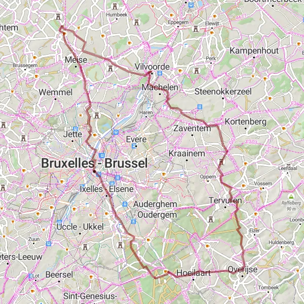 Miniatuurkaart van de fietsinspiratie "Gravelroute van Overijse naar Machelen" in Prov. Vlaams-Brabant, Belgium. Gemaakt door de Tarmacs.app fietsrouteplanner