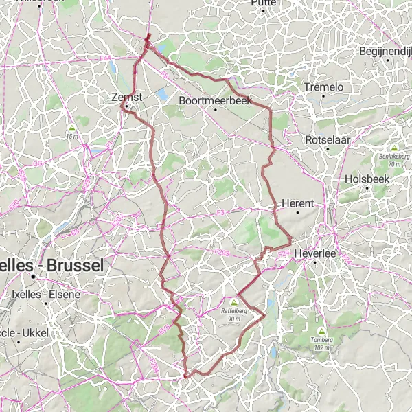 Miniatuurkaart van de fietsinspiratie "Avontuurlijke gravelroute van Overijse naar Zwanenberg" in Prov. Vlaams-Brabant, Belgium. Gemaakt door de Tarmacs.app fietsrouteplanner