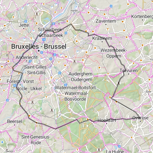 Miniature de la carte de l'inspiration cycliste "Parcours cycliste court à travers les environs de Vlaams-Brabant" dans la Prov. Vlaams-Brabant, Belgium. Générée par le planificateur d'itinéraire cycliste Tarmacs.app