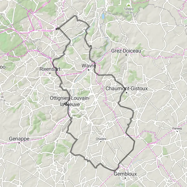 Miniatuurkaart van de fietsinspiratie "Roadroute door Huldenberg, Chaumont-Gistoux en Gentinnes" in Prov. Vlaams-Brabant, Belgium. Gemaakt door de Tarmacs.app fietsrouteplanner