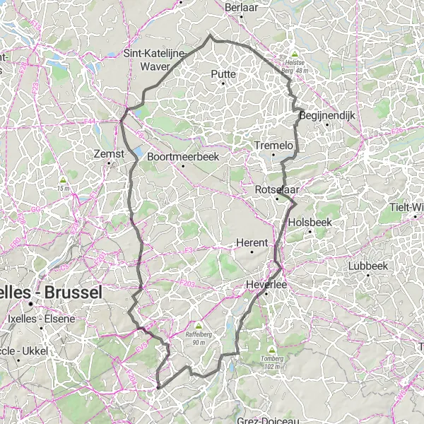 Map miniature of "Countryside Exploration" cycling inspiration in Prov. Vlaams-Brabant, Belgium. Generated by Tarmacs.app cycling route planner