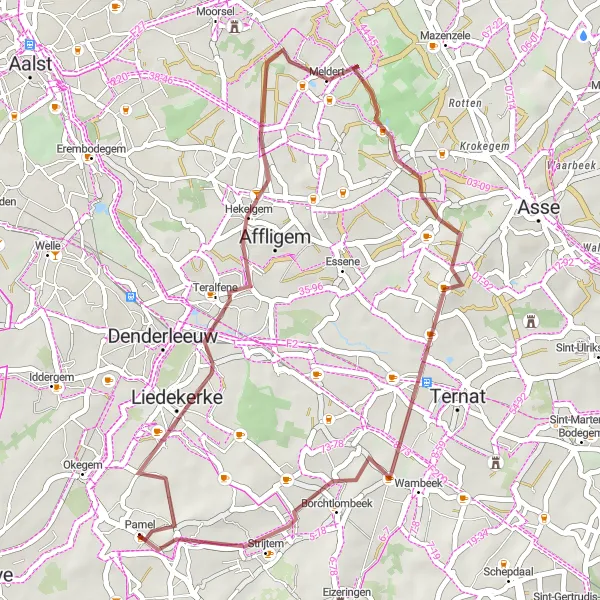 Miniatuurkaart van de fietsinspiratie "Gravelroute rond Pamel via Hekelgem en Putberg" in Prov. Vlaams-Brabant, Belgium. Gemaakt door de Tarmacs.app fietsrouteplanner