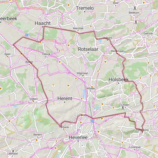 Map miniature of "Kessel-Lo - Heikantberg - Pellenberg Gravel Route" cycling inspiration in Prov. Vlaams-Brabant, Belgium. Generated by Tarmacs.app cycling route planner