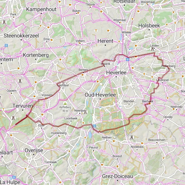 Map miniature of "Bierbeek - Bertem - Pellenberg Gravel Route" cycling inspiration in Prov. Vlaams-Brabant, Belgium. Generated by Tarmacs.app cycling route planner