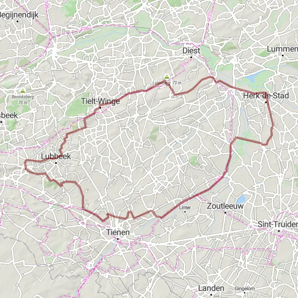 Map miniature of "Lubbeek - Herk-de-Stad - Pellenberg Gravel Route" cycling inspiration in Prov. Vlaams-Brabant, Belgium. Generated by Tarmacs.app cycling route planner