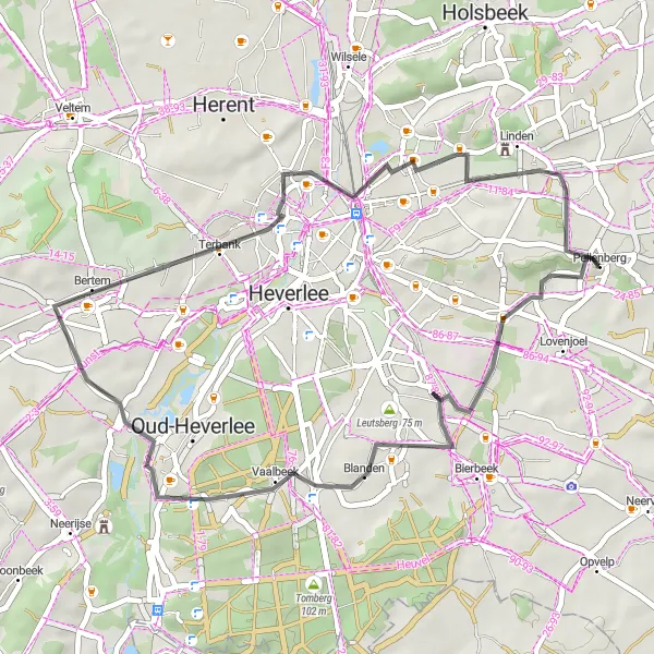 Map miniature of "Korbeek-Lo - Rood Kasteel Road Route" cycling inspiration in Prov. Vlaams-Brabant, Belgium. Generated by Tarmacs.app cycling route planner