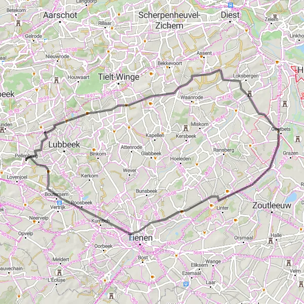 Map miniature of "Sint-Joris-Winge - Geetbets - Pellenberg Road Route" cycling inspiration in Prov. Vlaams-Brabant, Belgium. Generated by Tarmacs.app cycling route planner