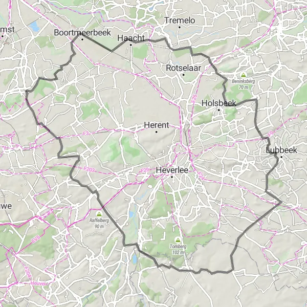 Map miniature of "Challenging Hilly Adventure" cycling inspiration in Prov. Vlaams-Brabant, Belgium. Generated by Tarmacs.app cycling route planner