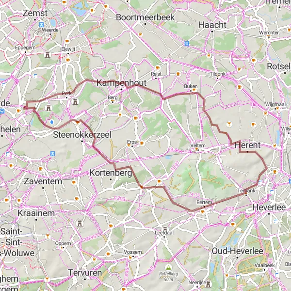 Karten-Miniaturansicht der Radinspiration "Abenteuerliche Gravelstrecke durch die Natur" in Prov. Vlaams-Brabant, Belgium. Erstellt vom Tarmacs.app-Routenplaner für Radtouren