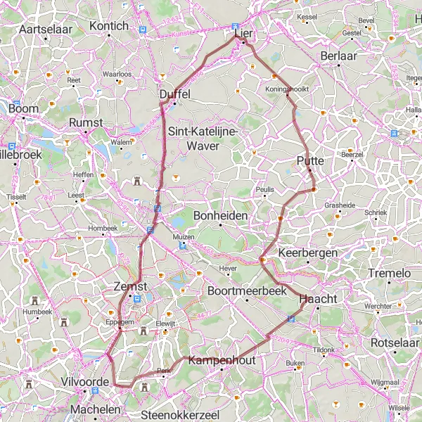 Map miniature of "Gravel Route: Eppegem to Perk" cycling inspiration in Prov. Vlaams-Brabant, Belgium. Generated by Tarmacs.app cycling route planner