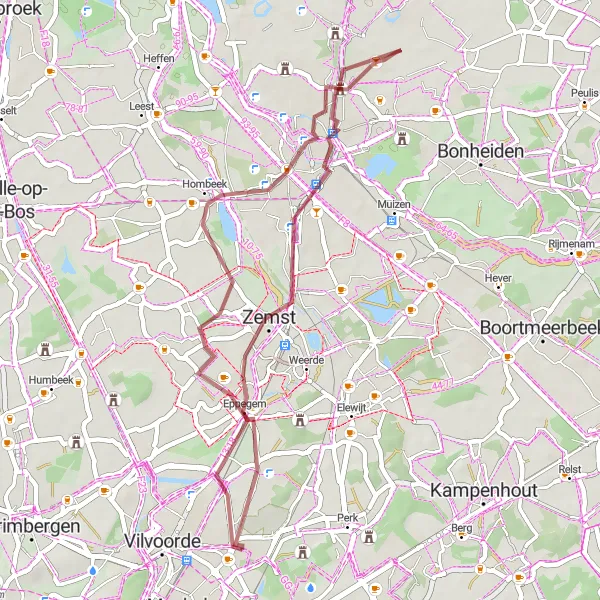 Miniature de la carte de l'inspiration cycliste "Boucle de Gravel vers Mechelen" dans la Prov. Vlaams-Brabant, Belgium. Générée par le planificateur d'itinéraire cycliste Tarmacs.app