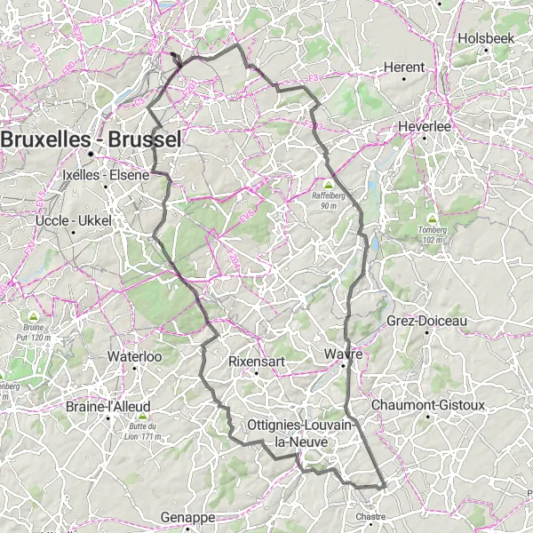 Miniatuurkaart van de fietsinspiratie "Rondje Peutie-Mont-Saint-Guibert" in Prov. Vlaams-Brabant, Belgium. Gemaakt door de Tarmacs.app fietsrouteplanner