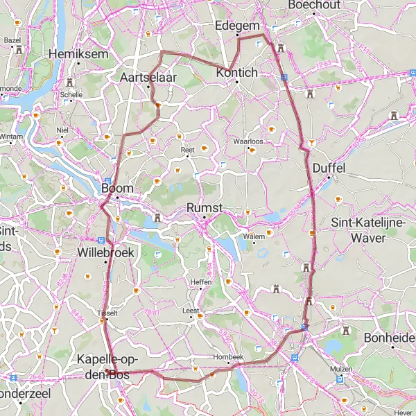 Miniatuurkaart van de fietsinspiratie "Gravelavontuur door Kapelle-op-den-Bos" in Prov. Vlaams-Brabant, Belgium. Gemaakt door de Tarmacs.app fietsrouteplanner