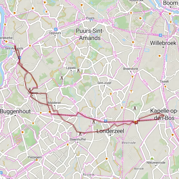 Miniature de la carte de l'inspiration cycliste "Exploration de l'Opdorp en Gravel" dans la Prov. Vlaams-Brabant, Belgium. Générée par le planificateur d'itinéraire cycliste Tarmacs.app